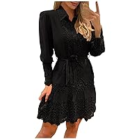 Plus Size Women Unlined Fashion Hollow Out Pencil Dress Long Sleeve Lapel Casual Belted Button Down Sheath Dresses