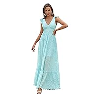 Summer dresses for Women 2022 V neck Butterfly Sleeve Lace Up Backless Flounce Hem A-Line Maxi Dress (Color : Mint Blue, Size : Small)