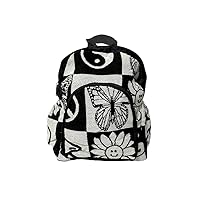Hippie Pattern Small Backpack Trippy Print Adjustable Strap Cushioned Fashion Handmade Bag Boho Accessories (Black/White)