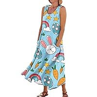 Sleeveless Cotton Linen Summer Maxi Dress Women 2024 Casual Sleeveless Loose Shirt Flowy Beach Boho Long Floral Dress