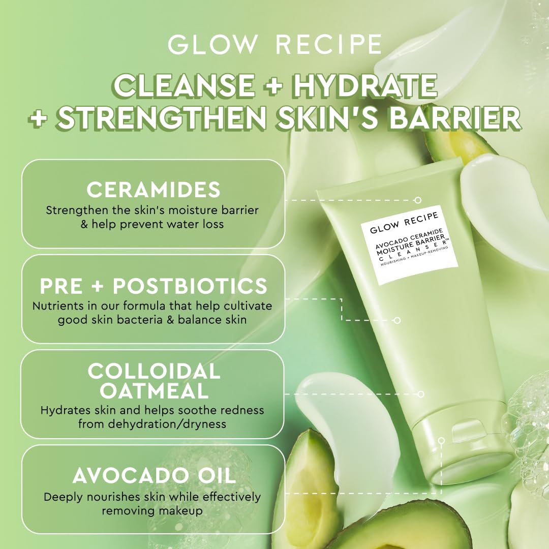 Glow Recipe Avocado Ceramide Moisture Barrier Face Cleanser - Hydrating Facial Cleanser for Dry Skin - Daily Makeup Remover & Gentle Face Wash w/Avocado Oil for Skin Barrier Repair (150ml)
