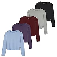 Real Essentials 5 Pack: Women's Dry Fit Crop Top - Long Sleeve Crew Neck Stretch Athletic Tee (Available in Plus Size)