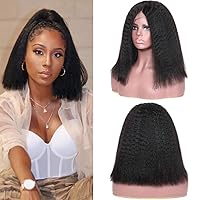 Pre Plucked Lace Front Wigs For Women Natural Hairline 14 Inch Kinky Straight Bob Wigs Human Hair Real Virgin Hair 13X4 Deep Space Part Lace Wigs Company 1B Black