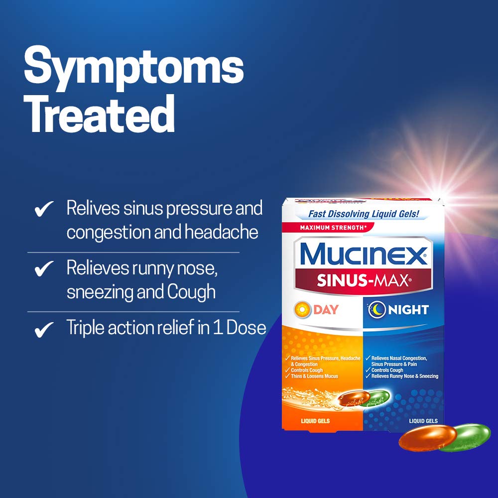 Mucinex Sinus-Max Max Strength Day & Night Liquid Gels (24ct) Relieves Sinus Pressure and Congestion, Headaches, Pain, Runny Nose, Sneezing, Thins and Loosens Mucus, Controls Cough (Pack of 2)
