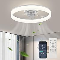 20'' Ceiling Fan with Light, 2024 Upgraded Low Profile Fan, Flush Mount Ceiling Fan, 6 Speeds, Dimmable LED, App & Remote Control, Quiet DC Motor, For Bedroom, Living Room, F116 White
