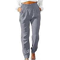 Women Summer Casual Cotton and Linen Pants Elastic Waist Pocket Solid Color Comfy High Waisted Straight Leg Trouser