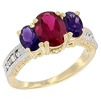 14K Yellow Gold Diamond Quality Ruby 7x5mm & 6x4mm Amethyst Oval 3-stone Mothers Ring,size 5 - 10