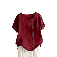 Women's Blouses Fashion 2023 Round Neck Vintage Cotton and Hemp Solid Button Short Sleeve T-Shirt Top