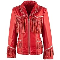 Women's Western American Cowhide Leather Jacket Hand-Made Fringe & Small Studded Work & White Thread (Free Express Shipping)
