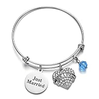 Just Married Bride Bracelet Stainless Steel Expandable Wire Bangle Something Blue Wedding Jewelry
