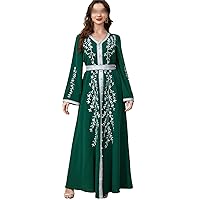 Spring Embroidered V-Neck Muslim Dress of Women Solid Color Patchwork Dress