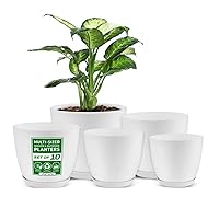 10pcs Plant Pots with Drainage - Set of 5 Plastic Planters - Indoor/Outdoor Flower Pots in 5 Sizes - Sturdy Stackable Design (White)