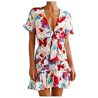 Women's Casual Dresses Printed Flouncing Dress V Neck High Waist Mini Dress Short Sleeve Summer Sundress Daily Wear Streetwear(1-Multicolor,12) 0746