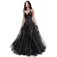 Women's Lace Applique Prom Dresses Glitter Tulle Long Ball Gown Spaghetti Straps Corset Formal Evening Dress