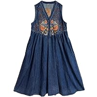 Vintage Women Long Mid-Calf Spring Denim Chinese Style Embroidery Sleeveless Dress