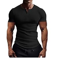 Men's Muscle Shirts Casual Ribber Knit Button Down T-Shirt Slim Fit Short Sleeve Crew Neck Tops