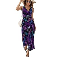 Camo Dragonfly Women's V Neck Maxi Dress Sleeveless Summer Long Tank Dress High Waist Ankle Length Sundress