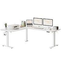 FEZIBO 75 Inches Triple Motor L Shaped Standing Desk Reversible, Electric Height Adjustable Corner Stand up Desk, Sit Stand Desk Computer Workstation, White Frame/White Top