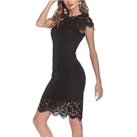 Women's Sleeveless Lace Floral Crew Neck Knee Length Pencil Slim Party Cocktail Dress