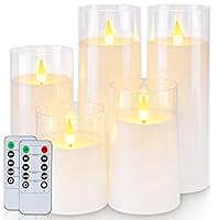 Homemory Pure White Flickering Flameless Candles, Battery Operated Acrylic LED Pillar Candles with Remote Control and Timer, Set of 5