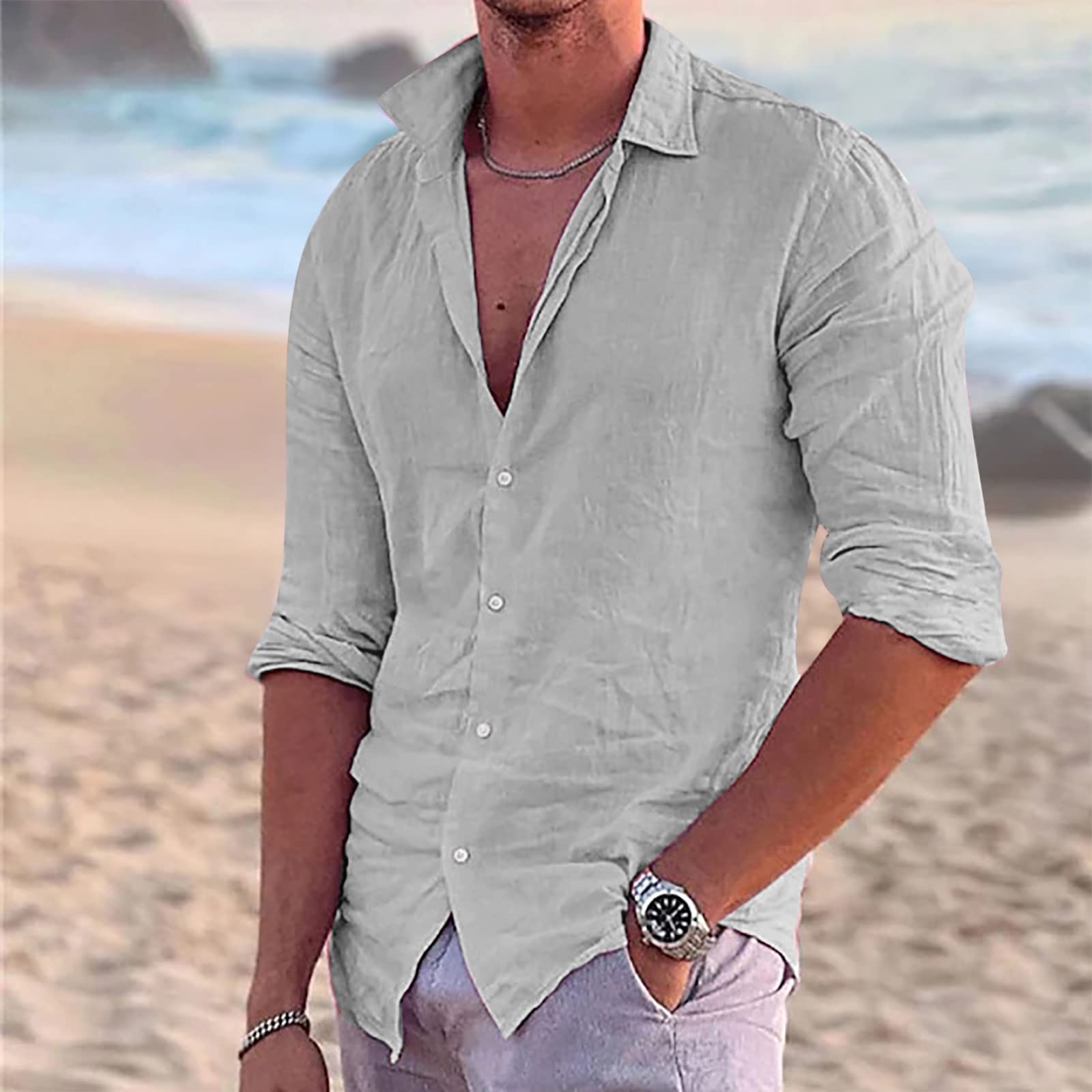 Mens Button Up Shirts Long Sleeve Linen Beach Casual Cotton Summer