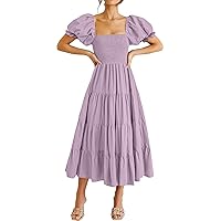 ANRABESS Women's Casual 2024 Summer Fashion Midi Dress Puff Short Sleeve Square Neck Smocked Tiered Boho Beach Dresses