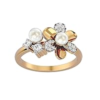 Certified 18K Gold Ring in Round Cut Natural Diamond (0.27 ct) & 2 Pearl (4mm Each) with White/Yellow/Rose Gold Engagement Ring for Women