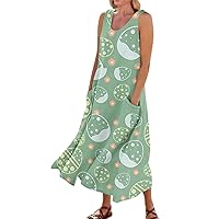 Women's Casual Sleeveless Floral Dress in Cotton and Linen Easter Characteristic Elements with Pockets