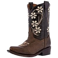 Kids Dark Brown Western Cowboy Boots Flower Embroidery Snip Toe