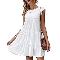 Summer Dress for Women 2024 Summer Cute Ruffle Sleeve Dress Solid Flowy Swing Pleated Mini Dress Babydoll Tunic Dress