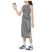 Floerns Girl's Cut Out Drawstring Side Striped Sleeveless Midi Tee Dresses with Slit