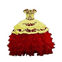 2024 Red Flowers Embroidery Gold Embellished Quinceanera Dress Off Shoulders Ball Gown Prom Formal Dress