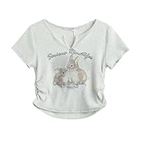 Pure Desire Spicy Girl Pleated Rabbit Print Slimming Exposed Navel T-Shirt