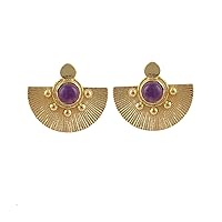 Gemstone Brass Natural.Amethyst Handmade Gold Plated Design Stud Earrings Jewelry