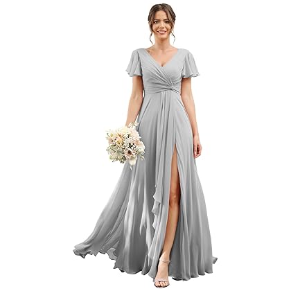 Women's V Neck Bridesmaid Dresses with Pockets Long Chiffon Pleated High Waist Formal Dress with Split R032