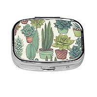 Cactus Succulents Pill Box 2 Compartment Small Pill Case for Purse & Pocket Metal Medicine Case with Mirror Portable Travel Pillbox Medicine Organizer