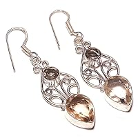 Girls Jewelry! Smokey Topaz and Champagne Quartz HANDMADE Sterling Silver Plated EARRING 2.5