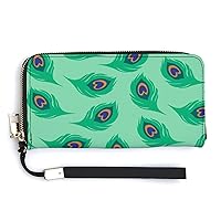 Peacock Pattern Green Tail Fashionable Handheld Wallet Credit Card Change Handbag Travel Purses Money Organizers Cell Phone Bag