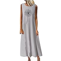 Summer Sleeveless Dresses for Women Cotton Linen Print Casual Kaftan Dress Loose Crew Neck Long Maxi Holiday Dress