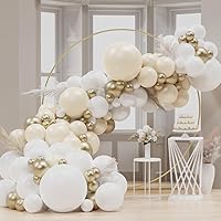 Double-stuff Pearl White Sand White Balloon Garland Arch kit, 132pcs 18/10/5 inch White Balloons with Metallic Gold Balloon for Wedding Bridal Baby Shower Birthday Anniversary Party Decorations