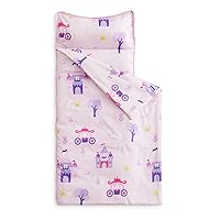 Wake In Cloud - Nap Mat with Removable Pillow for Kids Toddler Boys Girls Daycare Preschool Kindergarten Sleeping Bag, Princess Castle Fairy Carriage Printed on Pink, 100% Soft Microfiber