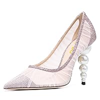 FSJ Slip On Pearls Beaded High Heels Slip On Pump Pointed Toe Mirror Effect Shiny Party Club Shoe for Women 4-15 US