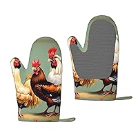 Rooster and Chicken Print Print Oven Mitt Set,2 Piece,Silicone Oven Mitts,Heat Insulation Non-Slip Gloves for Kitchen Women Men Cooking Baking