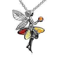 Multicolor Amber Sterling Silver Fairy Pendant Necklace 18 Inches