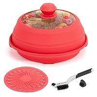 Microwave Splatter Silicone Cover Collapsible, Vented Multifunction Splash Lid with Glass Dish Bowl Plate for Food Cooking Bacon Maker, Dishwasher Safe BPA-Free 9 inch Cookware Set Red