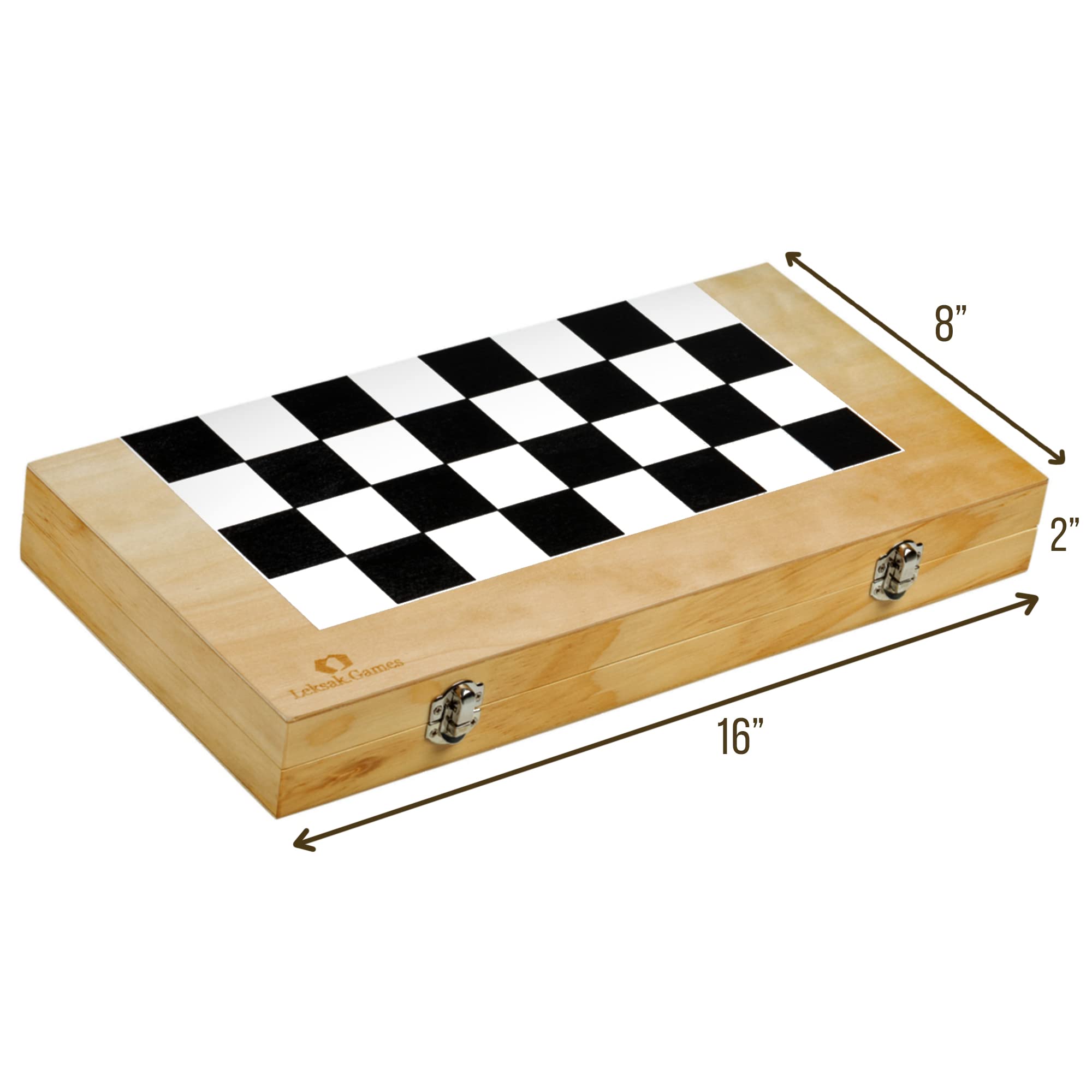 Leksak Games 16'' Wooden Chess Checkers Backgammon Set - 3 in 1 Board Games - Portable Travel Case Folding Board - Beginner Chess Set for Kids and Adults - 30 Checkers Pieces