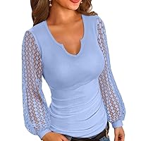 VICHYIE Women Balloon Long Sleeve Shirt Ribbed Fitted Tops Dressy Fall Clothes
