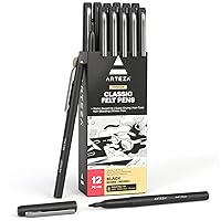 ARTEZA Black Felt Tip Pens, Pack of 12, 1.0–1.5 mm Fiber Tip, Quick-Drying Water-Based Ink, Art Supplies for School, Office, and Home