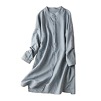 Women Cotton Linen Rollable Long Sleeve Button Down Shirt Dress Summer Dressy Casual Loose Fit Solid Tunic Dresses