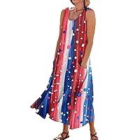Women's Summer Dress Beach Cotton Linen Crew Neck Sleeveless Maxi Dress Casual Loose Comfy Flowy Sundress with Pockets
